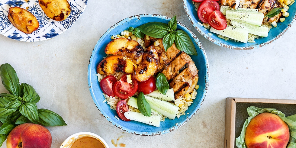 Grilled Peach and Honey Lime Chicken Bowls